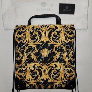 AUTHENTIC Versace Nylon Barocco Signature Drawstring Backpack Bag Gold Black